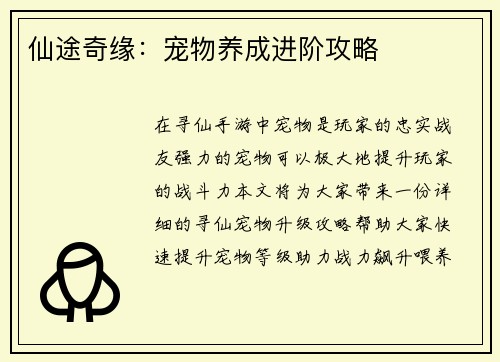 仙途奇缘：宠物养成进阶攻略